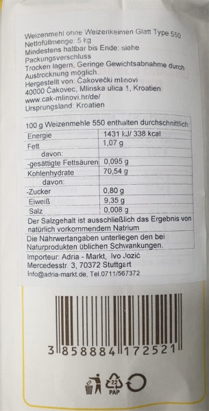 Weizenmehl T550 - Psenicno brasno  - glatko Cakovecki mlinovi 5 kg